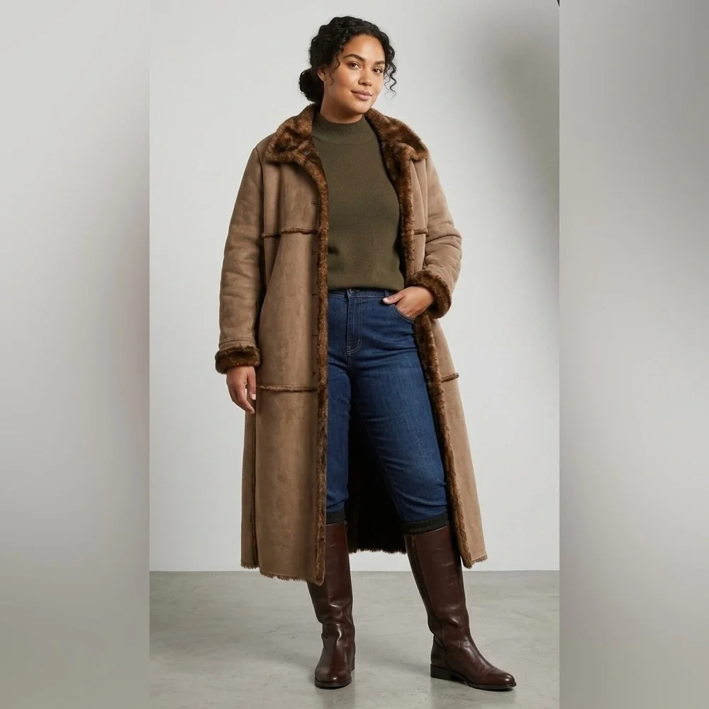 Jones New York Penny Lane Faux Suede Fur Lined Sherpa Trench Maxi Coat Size 2X